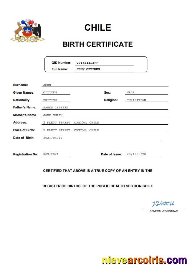 Chile vital record birth certificate